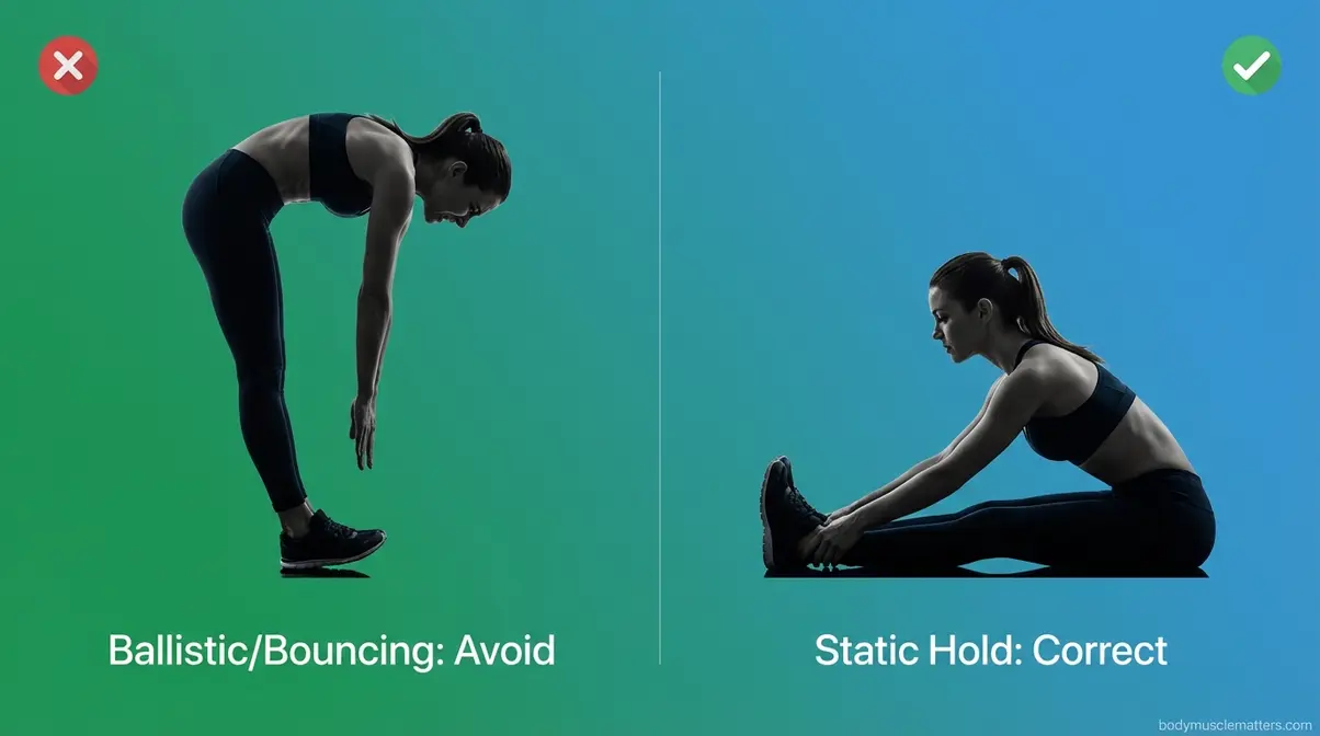 Comparison showing correct static stretching technique versus common bouncing mistake to avoid for safety
