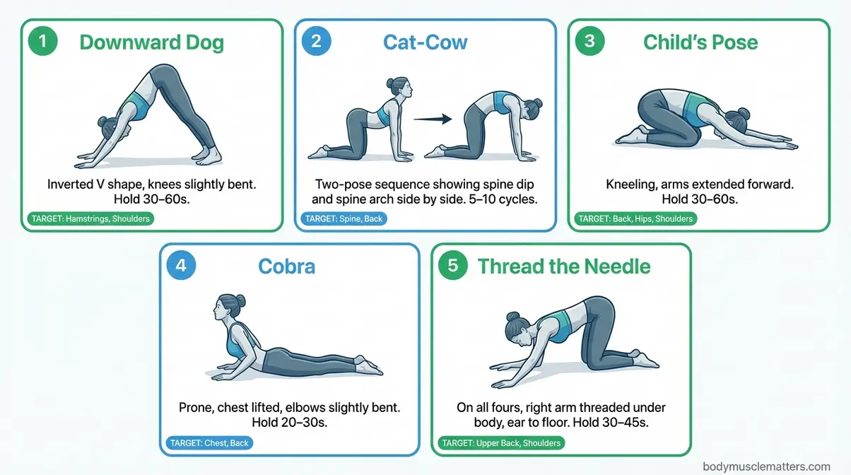 Step-by-step demonstration of Downward Dog, Cat-Cow, Child's Pose, Cobra, and Thread the Needle beginner stretches
