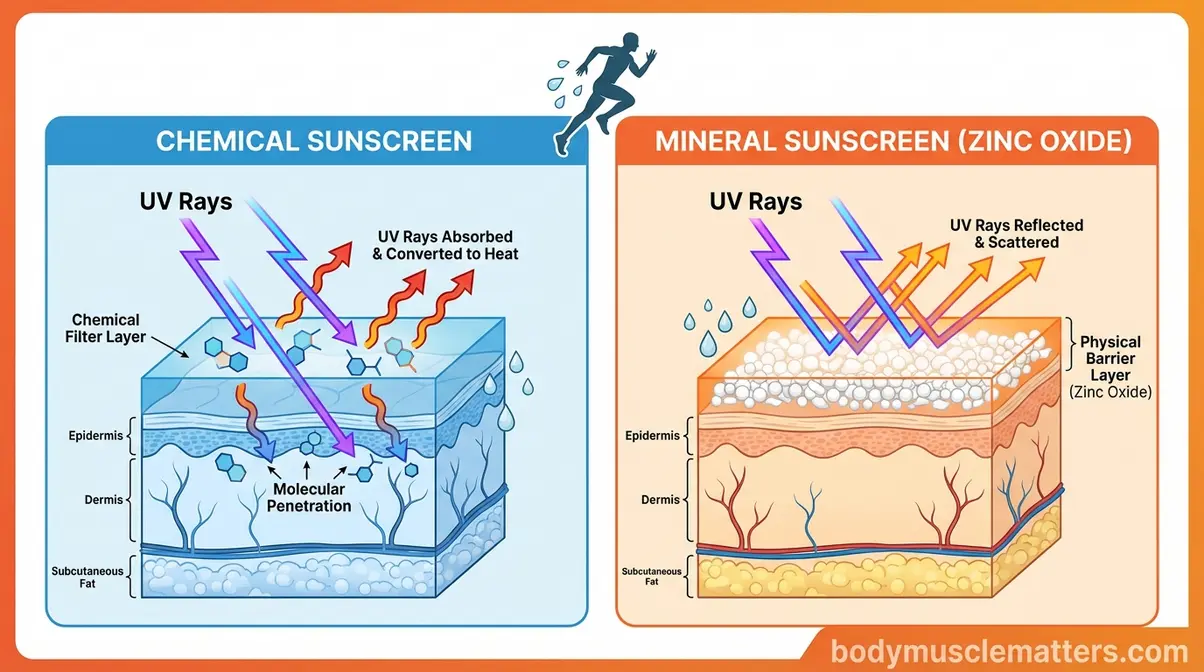 Diagram comparing chemical and mineral sunscreen UV protection on skin during outdoor exercise