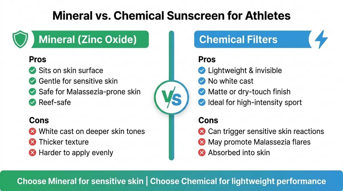 Infographic comparing mineral and chemical sunscreen pros and cons for outdoor exercise and sensitive athlete skin