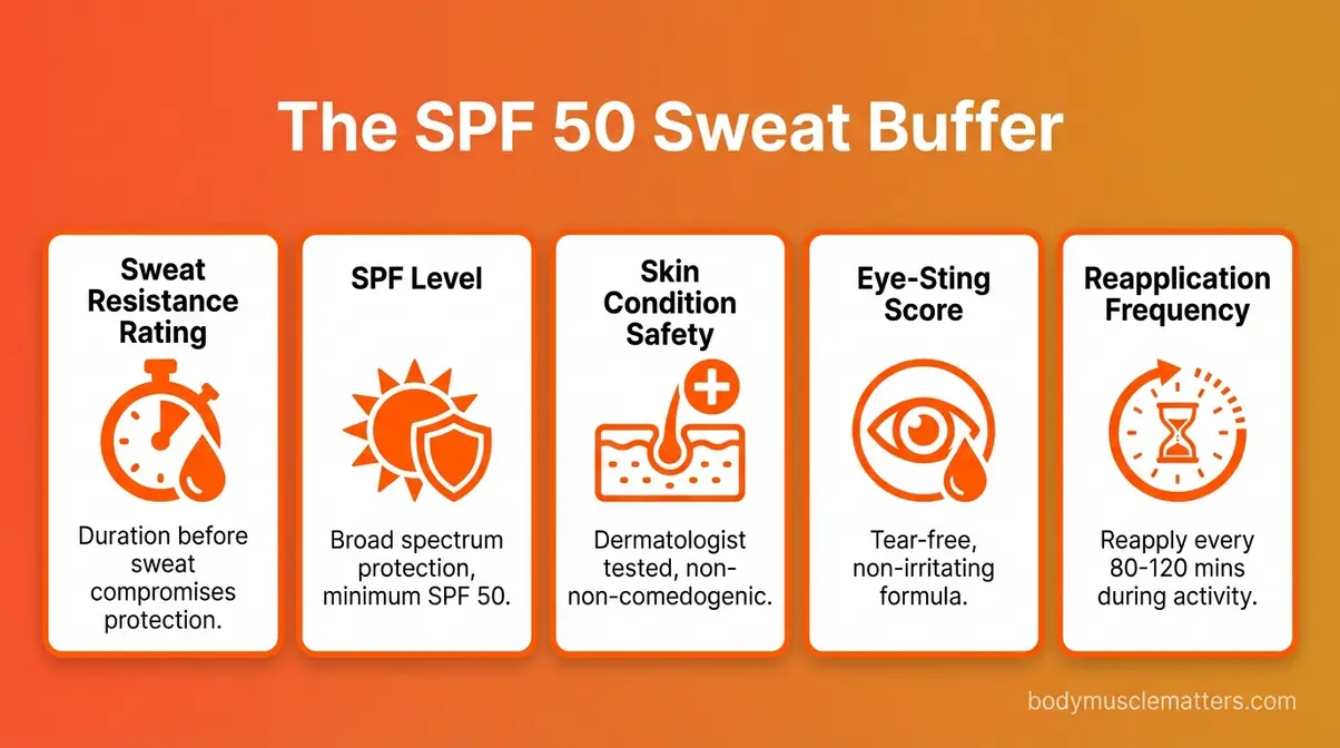 Infographic showing five SPF 50 Sweat Buffer evaluation criteria for outdoor exercise sunscreens
