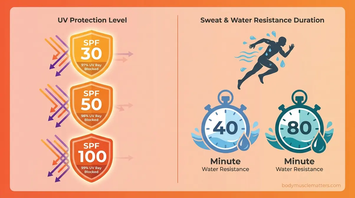 Visual explainer showing SPF protection percentages and 40-minute versus 80-minute sweat resistance ratings