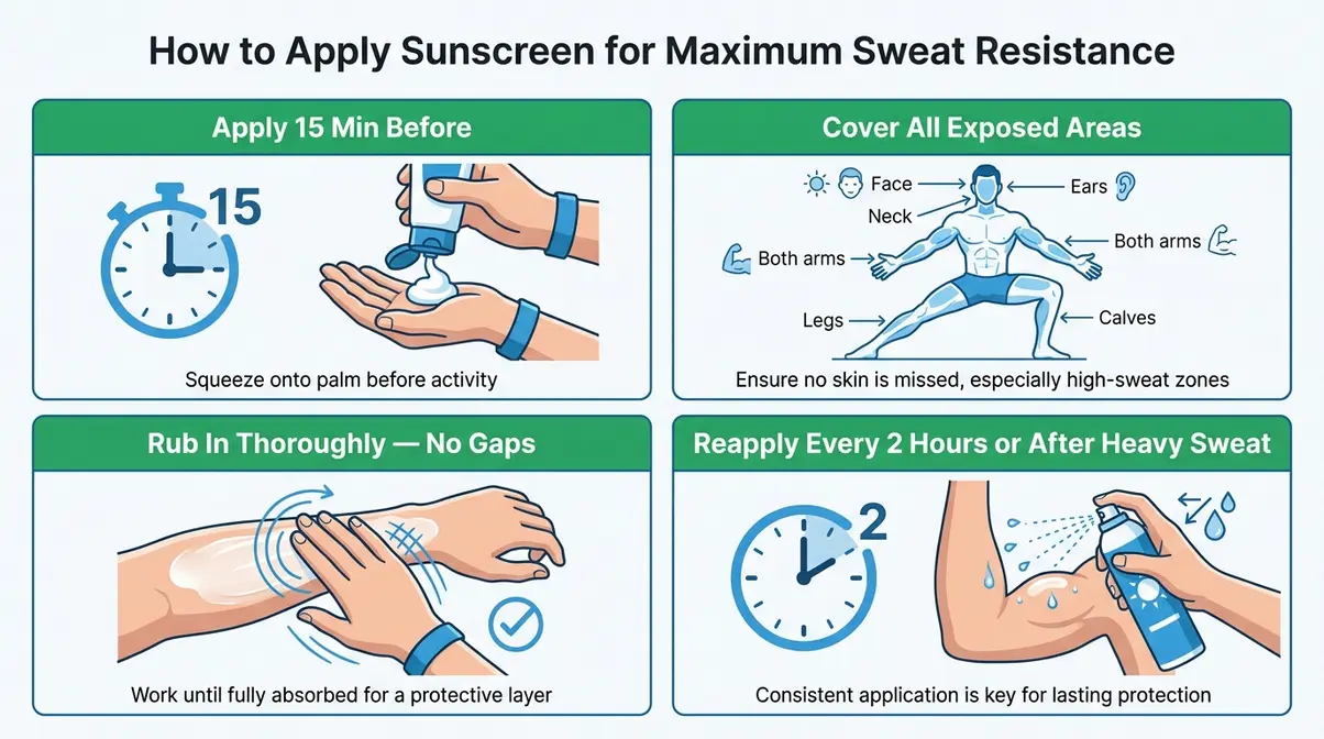 Four-step illustrated guide for applying sunscreen correctly before outdoor exercise and sweaty workouts