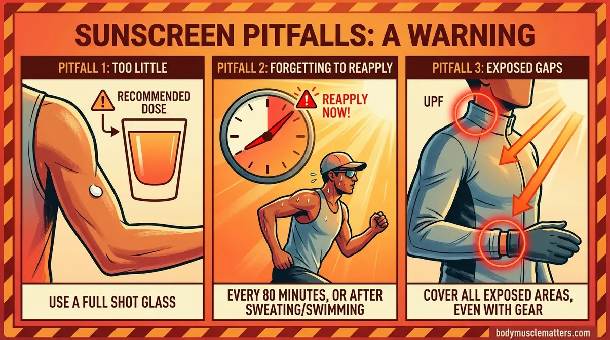 Three common sunscreen mistakes outdoors: applying too little, skipping reapplication, and relying only on UPF clothing