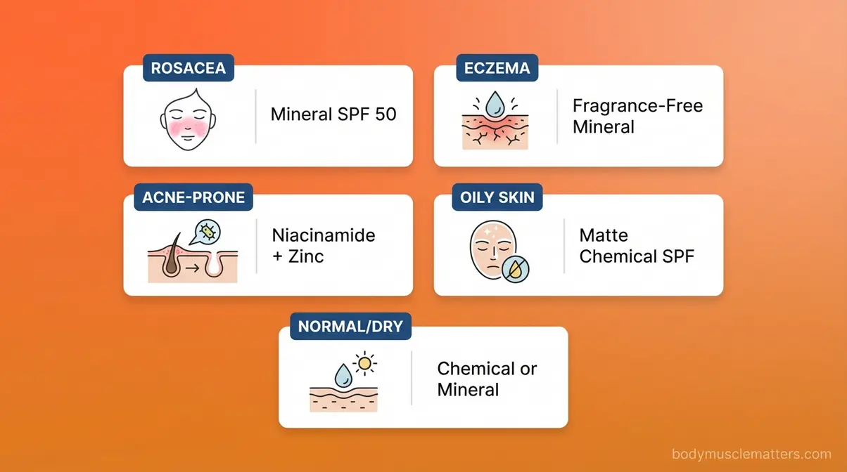 Guide matching best sport sunscreen types to five skin conditions including rosacea and eczema