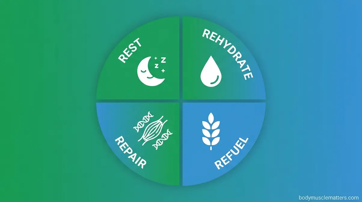 The 4 R's of muscle recovery framework showing Rehydrate, Refuel, Repair, and Rest