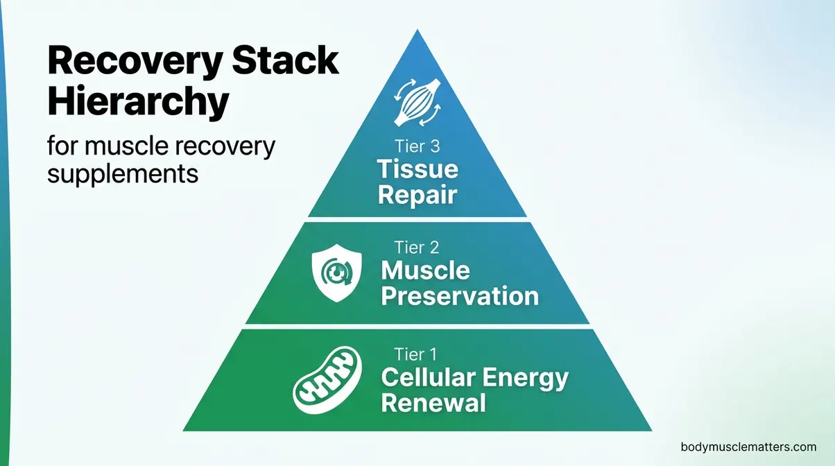 Recovery Stack Hierarchy three-tier pyramid showing cellular energy, muscle preservation, and tissue repair levels