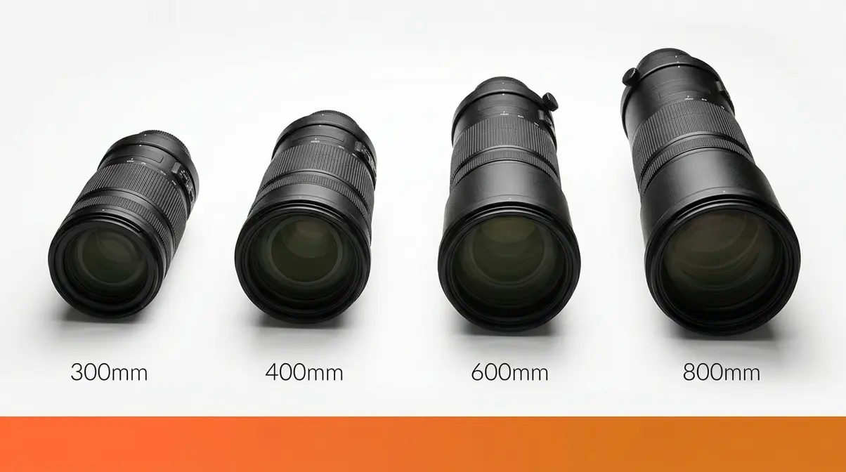 Four telephoto lenses of increasing focal length arranged side by side for size comparison