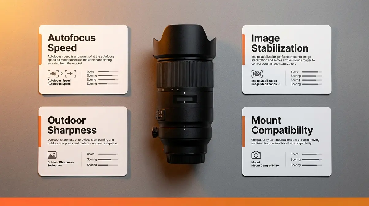 Telephoto lens on flat surface surrounded by four evaluation criteria cards for review testing
