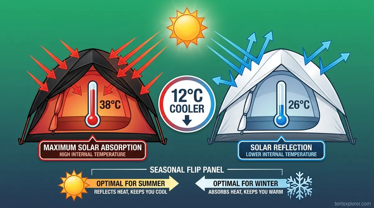 Infographic comparing heat absorption of dark versus light tent colours in summer and winter camping conditions