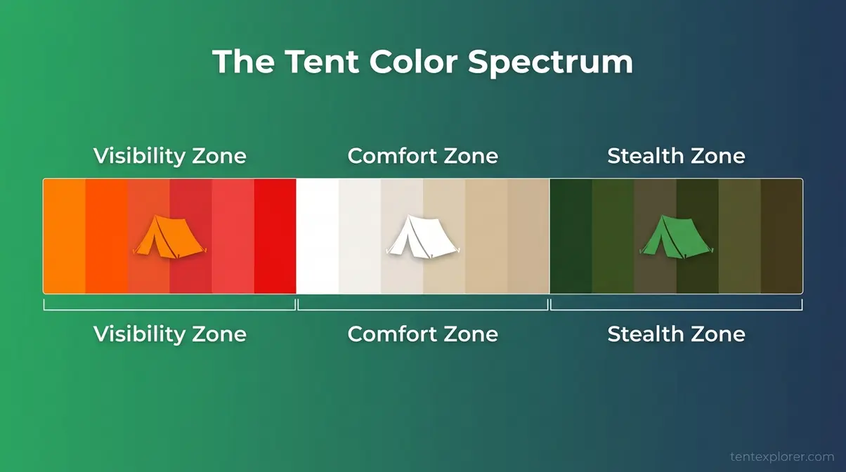 Tent Color Spectrum diagram showing Visibility Zone, Comfort Zone, and Stealth Zone for choosing best camping tent colour