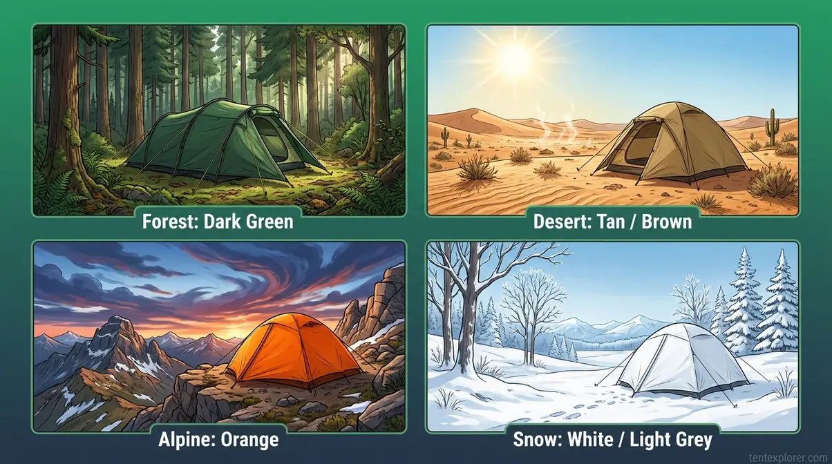 Visual guide showing green tent in forest, tan tent in desert, orange tent on mountain, and white tent in snow for best camping tent colour by terrain
