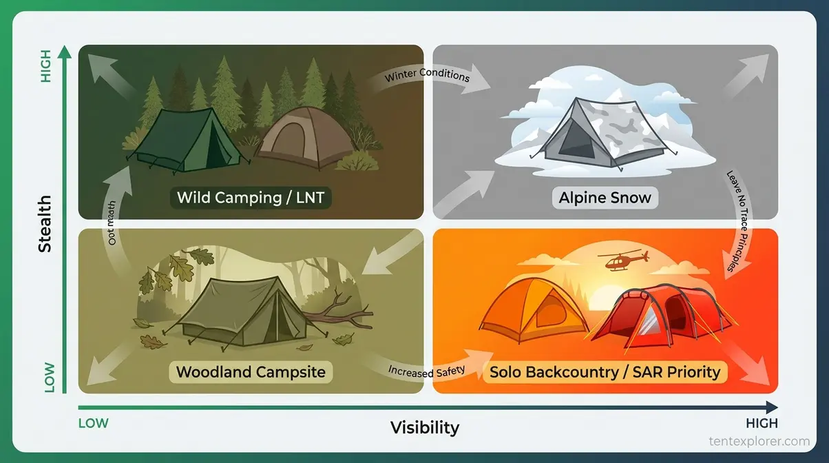 Decision matrix comparing tent colour visibility versus stealth for camping safety and wild camping scenarios