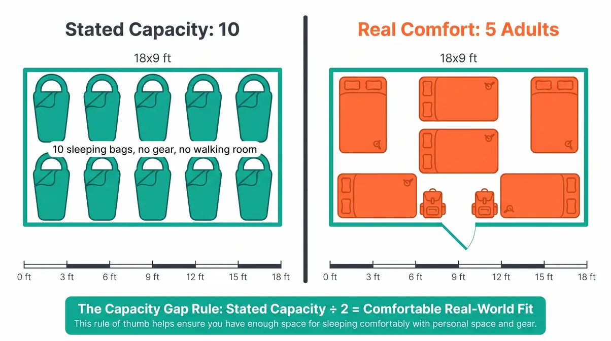 Side-by-side floor plan showing 10 sleeping bags versus 5 air mattresses with gear in a 10-person tent footprint