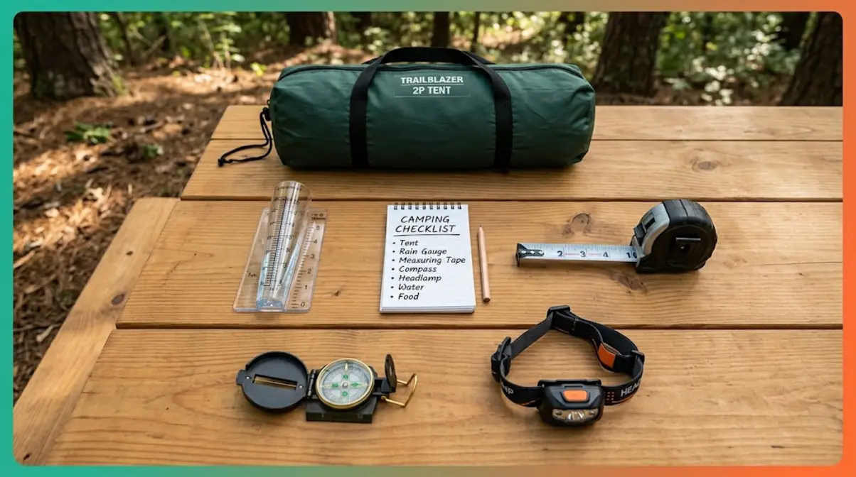 Camping gear flat-lay with tent bag, rain gauge, and checklist for buying a large family tent
