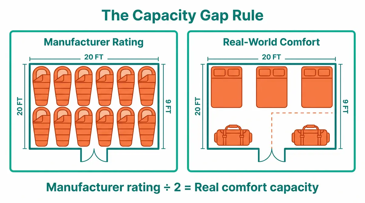 Diagram comparing 10 sleeping bags versus 5 air mattresses with gear in a 10-person tent footprint illustrating the Capacity Gap Rule