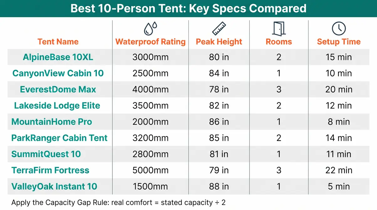 Infographic comparing waterproof rating, peak height, room count, and setup time across top 10-person family camping tents
