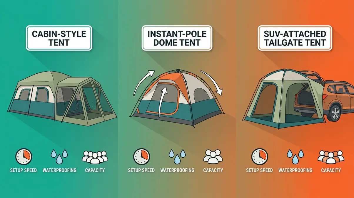 Car camping tent buying guide comparing cabin, instant-pole, and SUV tailgate tent styles