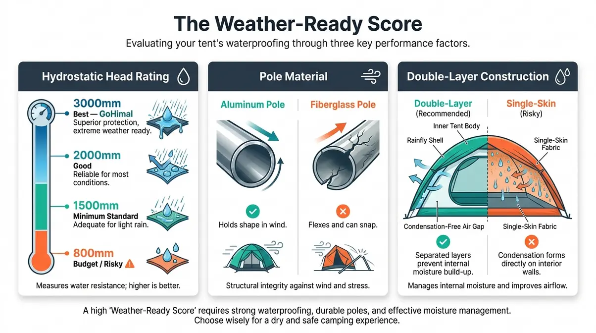Infographic showing Weather-Ready Score comparing hydrostatic head ratings and pole materials for car camping tents