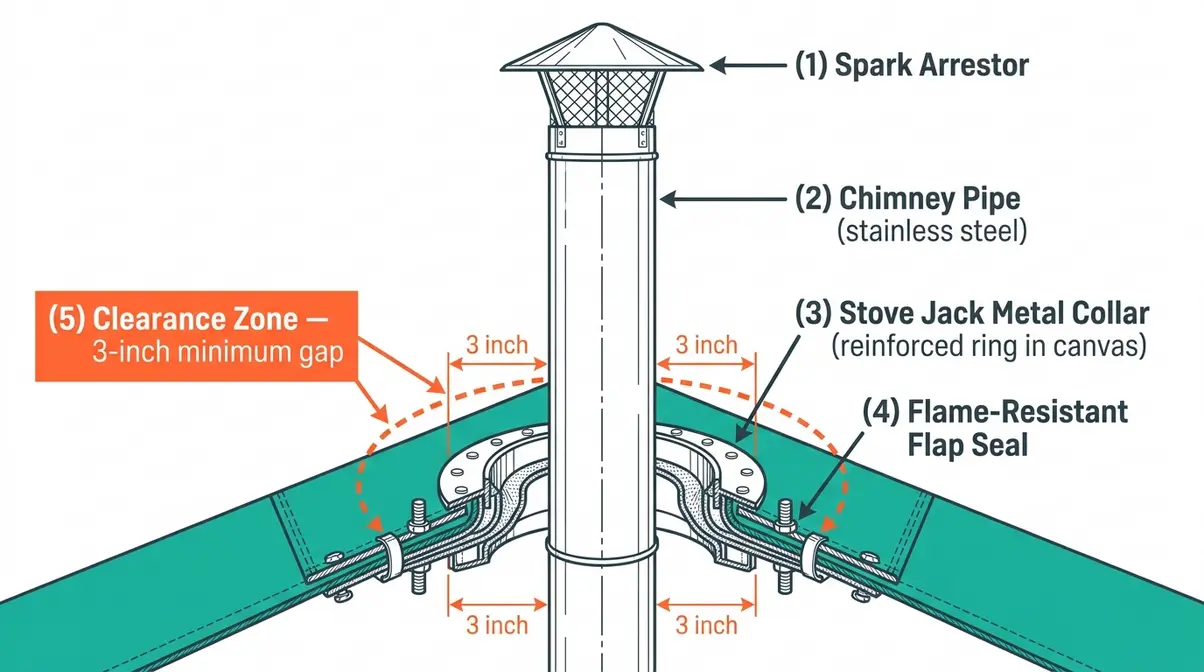 Labeled diagram of a tent stove jack showing chimney pipe, spark arrestor, flap seal, and clearance zones