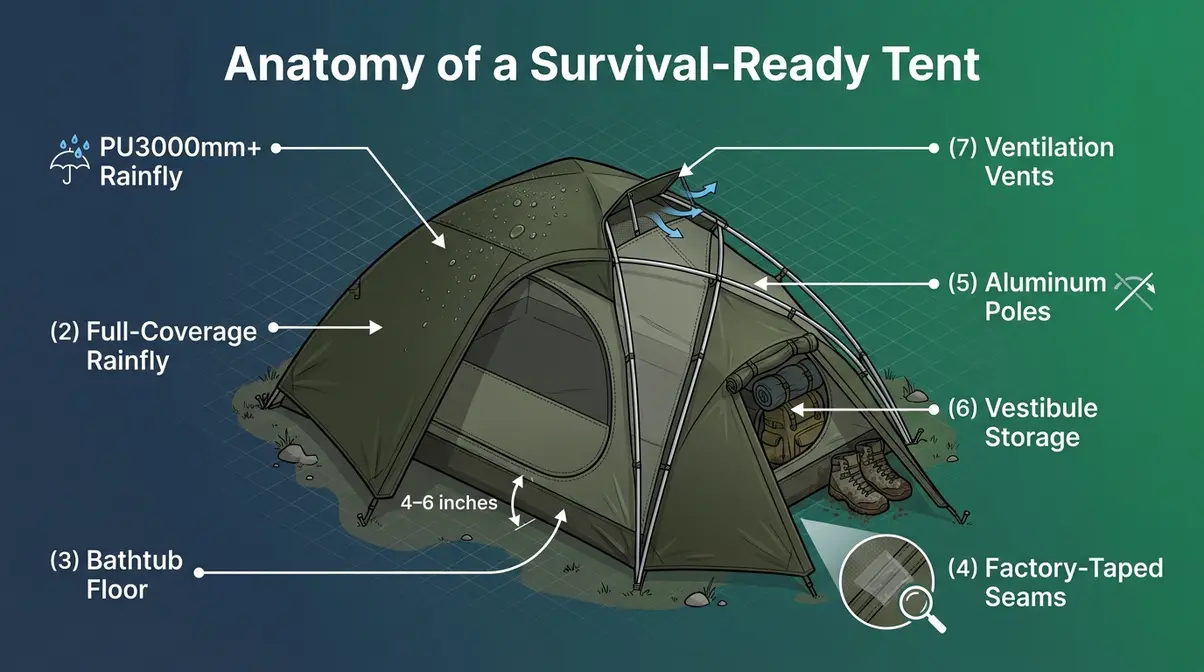 Diagram of survival tent for homelessness showing bathtub floor, PU waterproof rating, vestibule, and reinforced seams