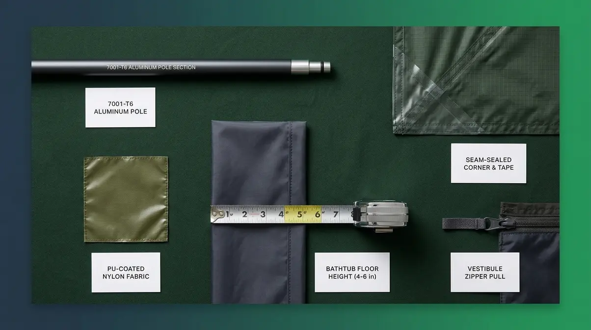 Key survival tent features including aluminum poles, taped seams, PU-coated fabric, and bathtub floor components