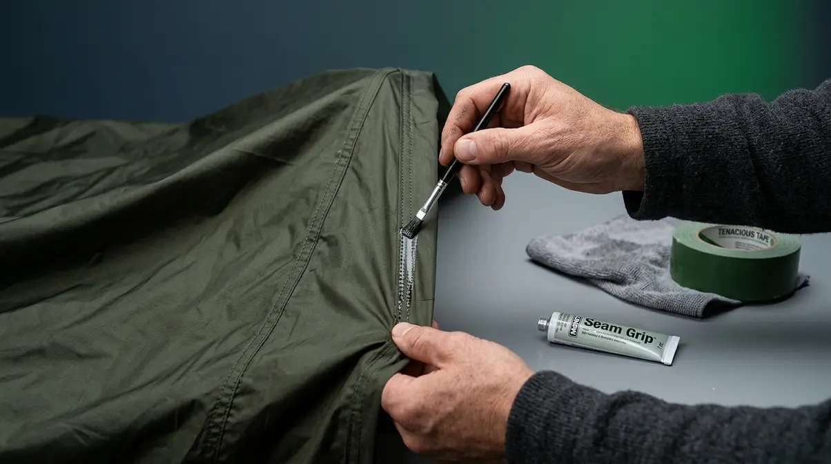Hands applying seam sealant to a survival tent seam with repair tape and sealant tube visible nearby
