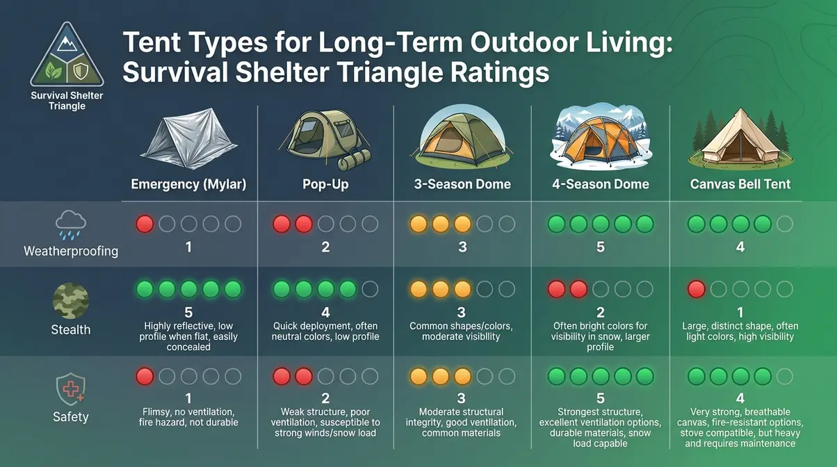 Visual comparison of best tent types for homeless people rating emergency, dome, 4-season, and canvas tents on weatherproofing, stealth, and safety