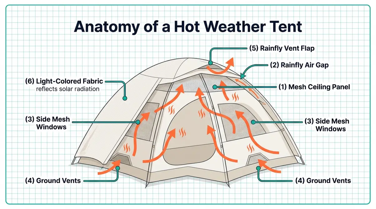 Anatomy of a hot weather tent diagram showing mesh panels, rainfly air gap, ground vents, and light-colored fabric for cooling