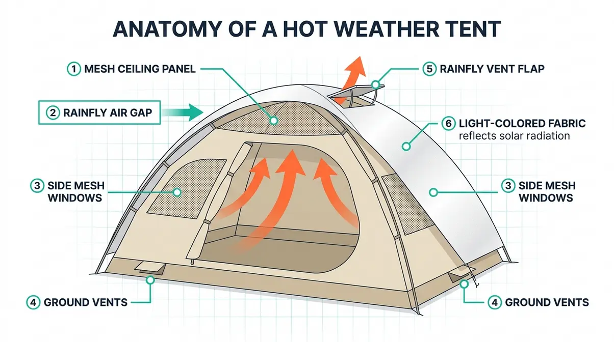 Hot weather tent anatomy infographic showing airflow path through mesh ceiling, rainfly gap, and ground vents
