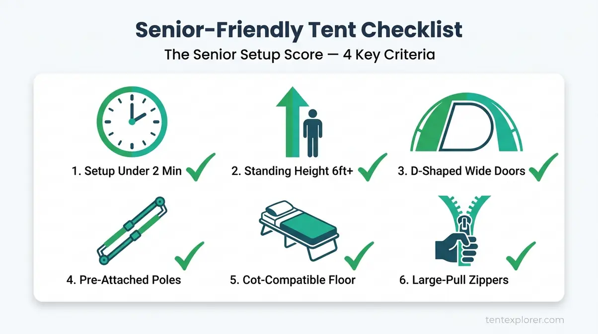 Senior-friendly tent checklist infographic showing standing height, easy setup, large doors, and ventilation icons