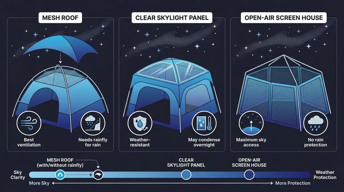 Diagram comparing mesh roof, clear skylight panel, and open-air screen house for stargazing tents