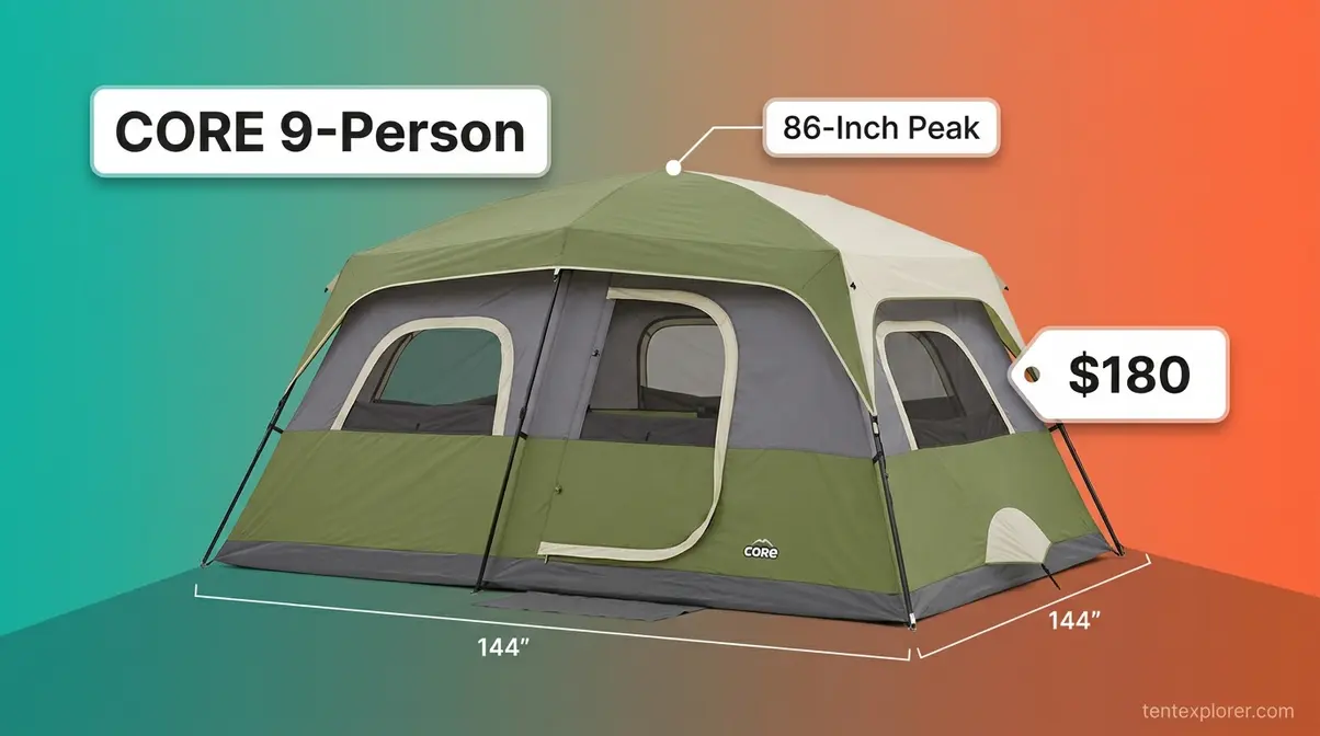 CORE 9-Person Cabin Tent with massive 86-inch peak height for tall groups