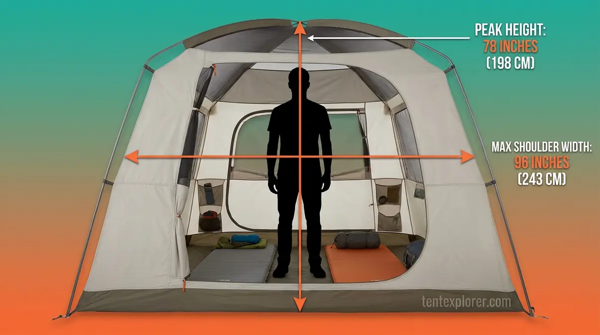 Tall camper standing upright inside REI Wonderland 6 tent showing 78-inch peak height