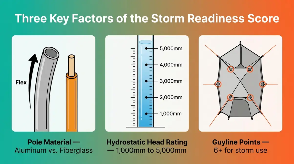 Storm Readiness Score diagram showing pole material, hydrostatic head rating, and guyline points for wind rain tents