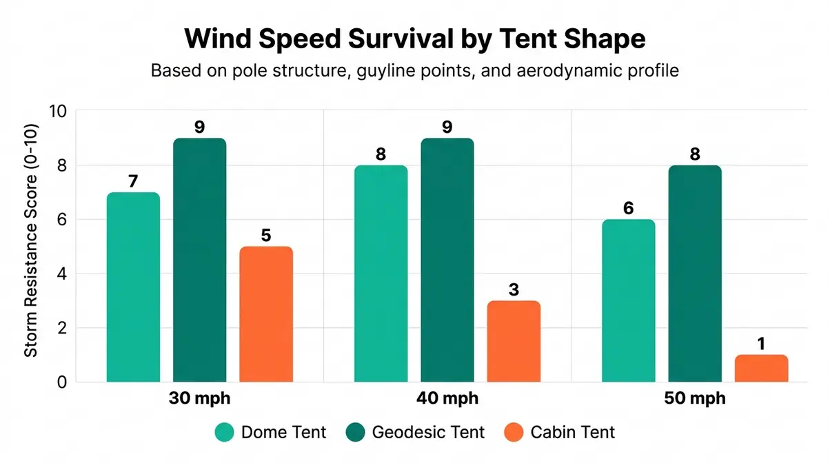 Wind speed survival chart comparing dome, geodesic, and cabin tent performance at 30, 40, and 50 mph