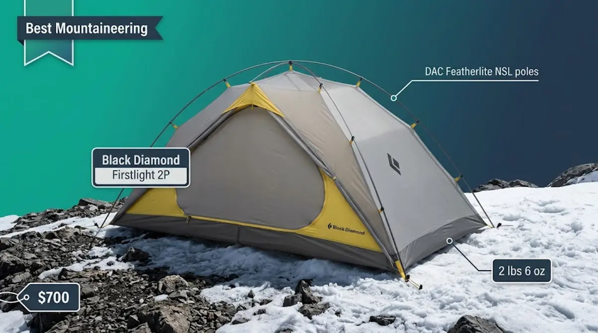 Black Diamond Firstlight 2P single-wall mountaineering tent showing low-profile alpine design on snow