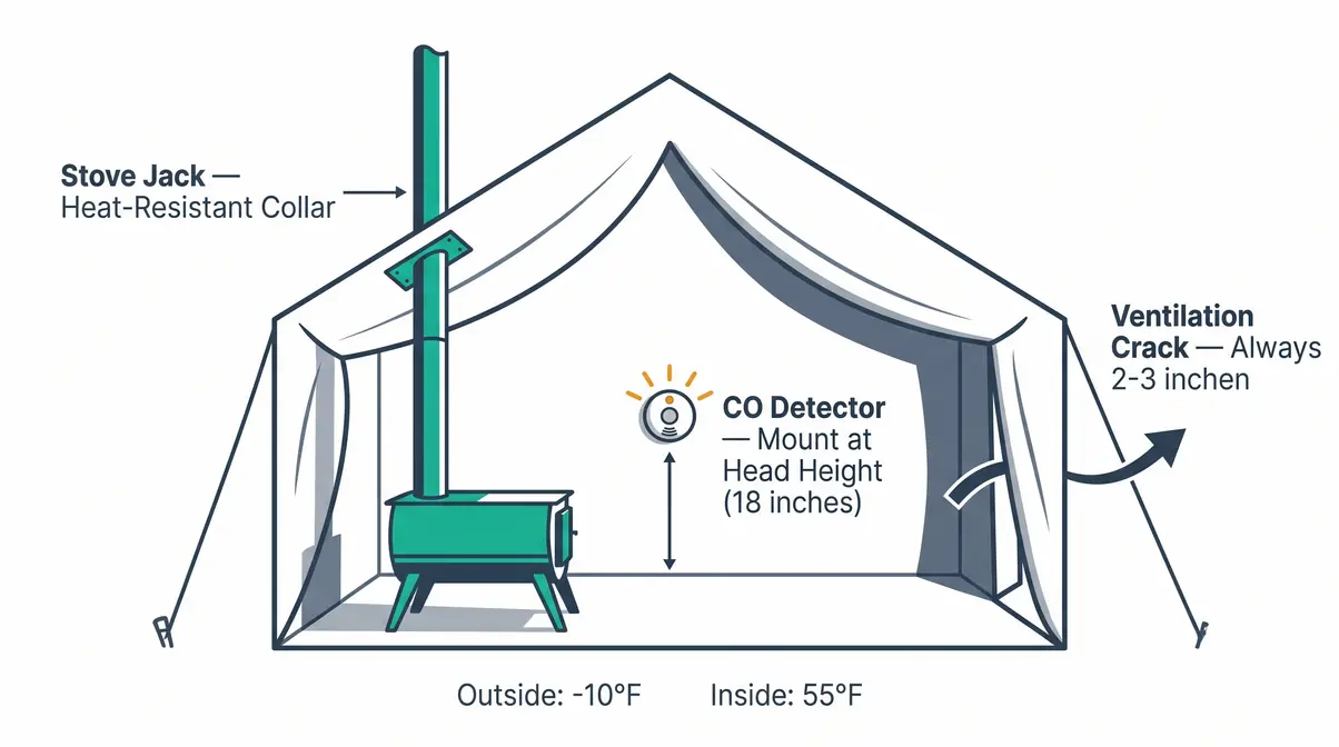 Hot tent stove jack diagram showing safe CO ventilation setup for winter camping