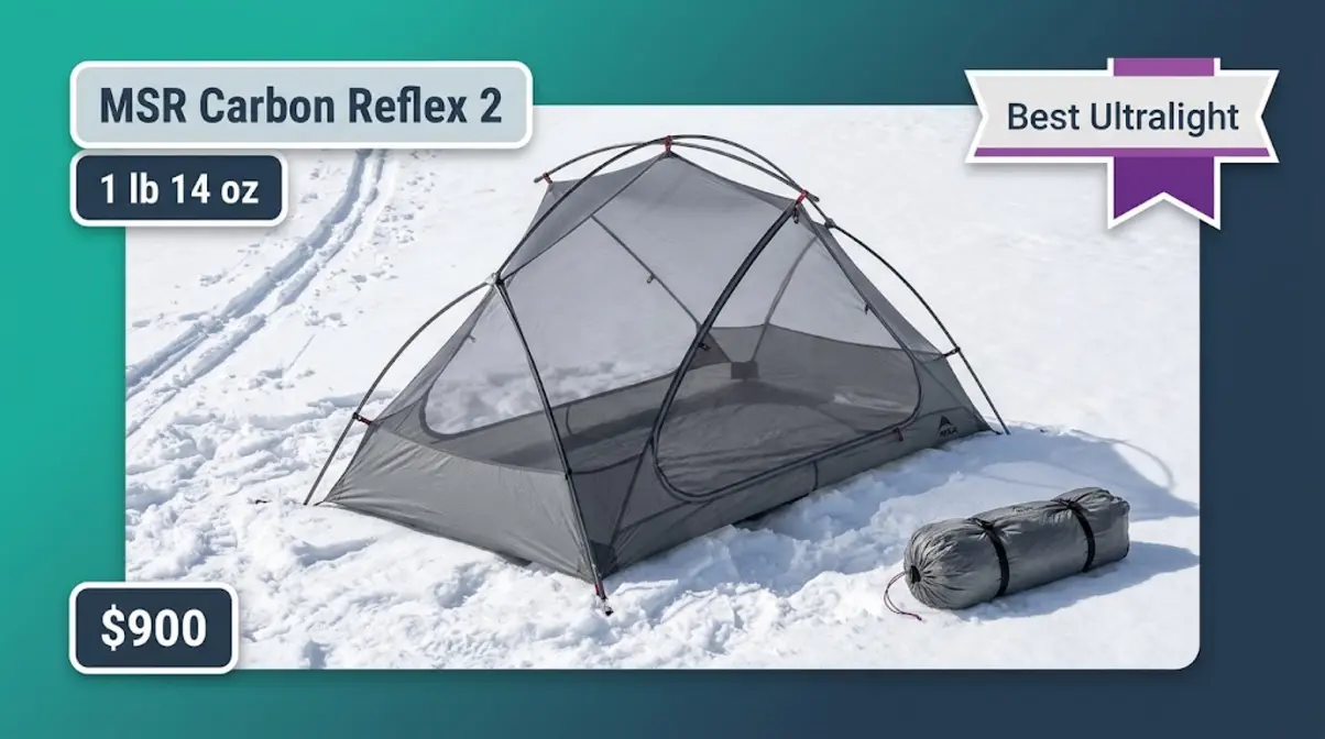 MSR Carbon Reflex 2 ultralight winter tent with carbon fiber poles pitched on backcountry snow