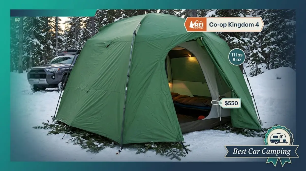 REI Co-op Kingdom 4 family winter camping tent with vertical walls and full-coverage rainfly at snowy campground