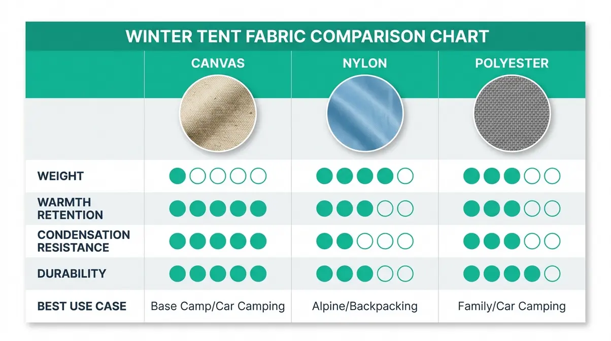 Winter tent fabric comparison chart canvas nylon polyester for cold weather camping