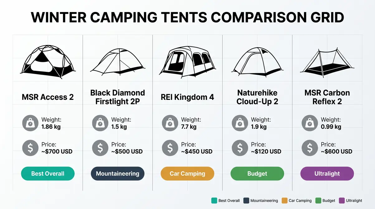 Best tent for winter camping comparison chart showing top 5 picks by weight, price, and category