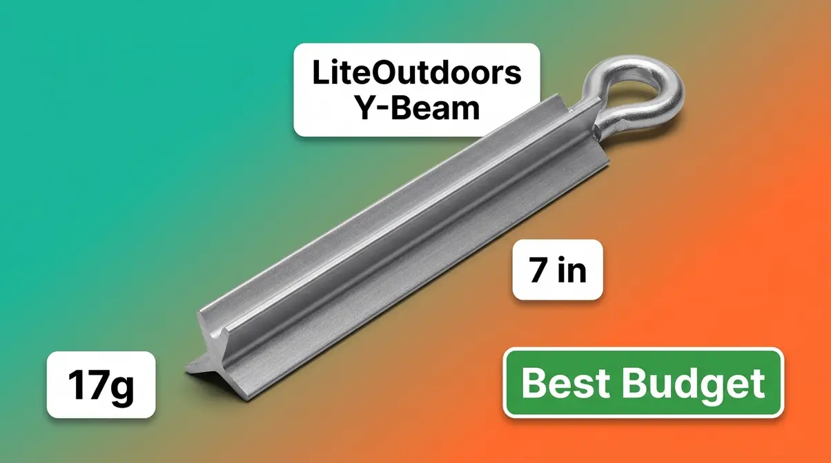 LiteOutdoors Y-Beam aluminum tent stake showing seven-inch length and hook eye for backpacking