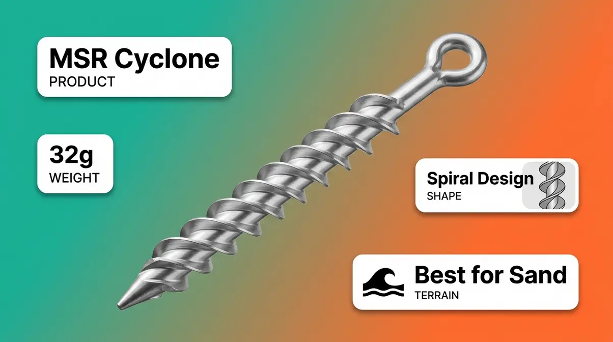 MSR Cyclone spiral aluminum tent stake showing helical body design for sandy and loose soil camping