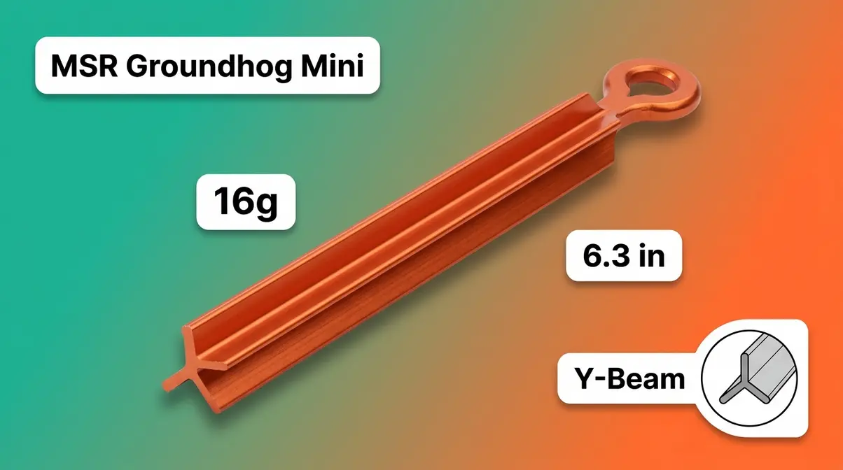 MSR Groundhog Mini orange Y-beam aluminum tent stake showing hook eye and three-flanged cross-section