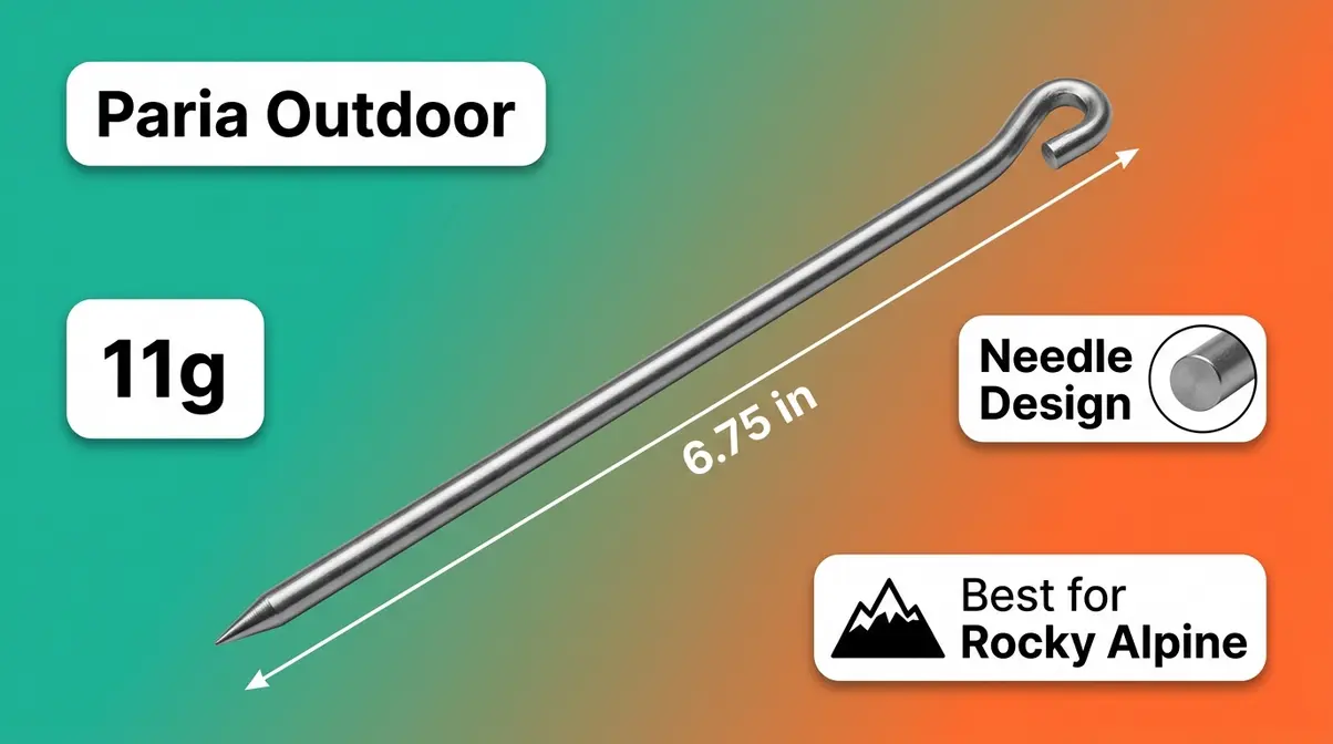Paria Outdoor Ultralight needle tent stake with sharp tip for rocky alpine backpacking terrain