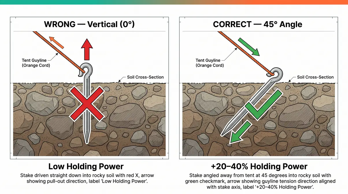 Diagram showing correct 45-degree tent stake placement angle in rocky soil for maximum holding power
