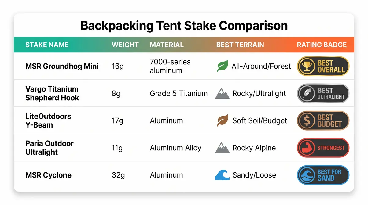 Comparison chart of top five backpacking tent stakes by weight, material, and terrain rating