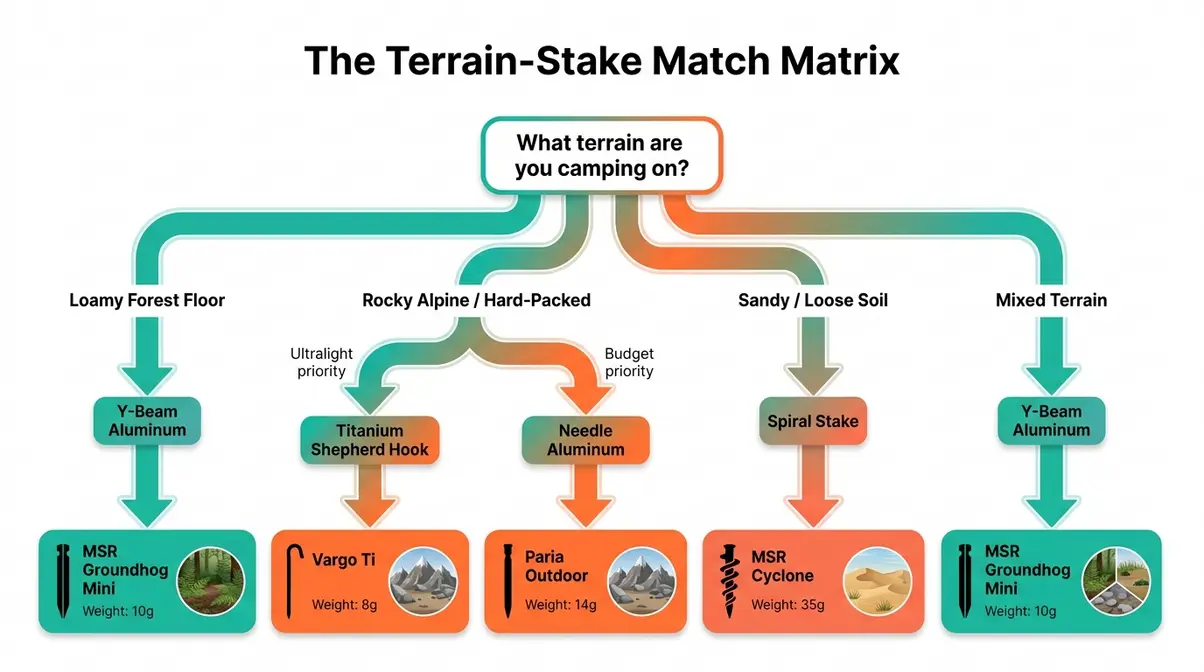 Flowchart decision tree matching tent stake shape and material to terrain type for backpacking