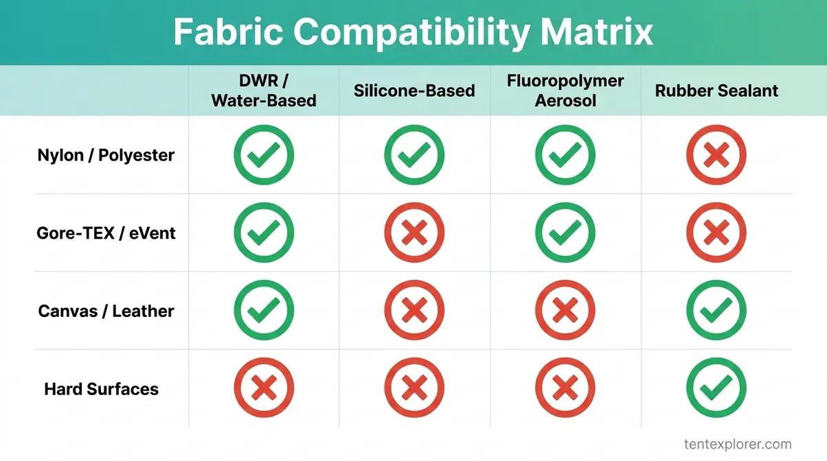 Fabric compatibility matrix showing which tent waterproofing spray formula works on nylon, polyester, canvas, and Gore-TEX